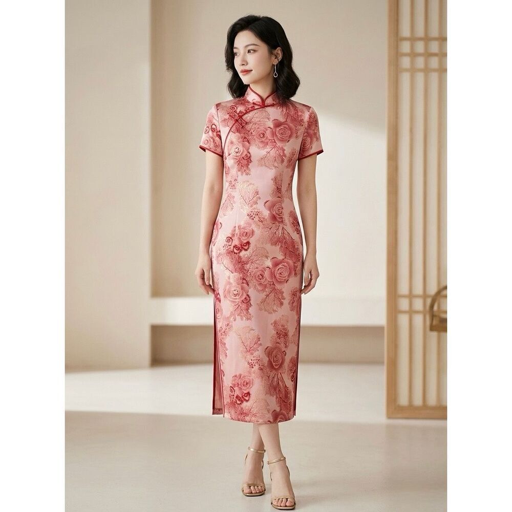 Chinese Qipao Cheongsam Pink Floral Silk Midi Dress Size 2